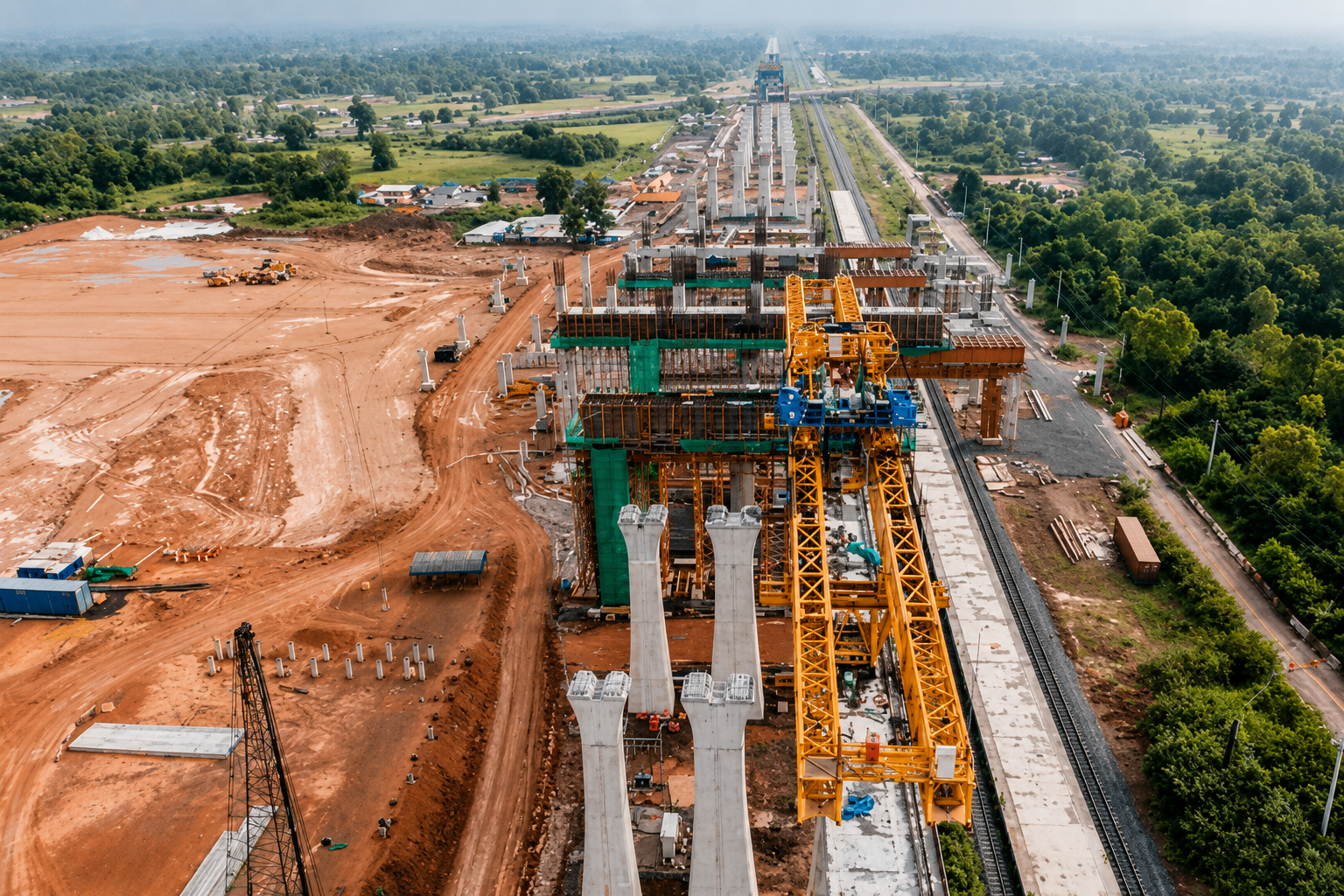 Aerial view of highway infrastructure project under construction
