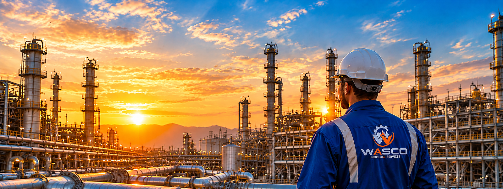 WASCO engineer overlooking a refinery at sunset